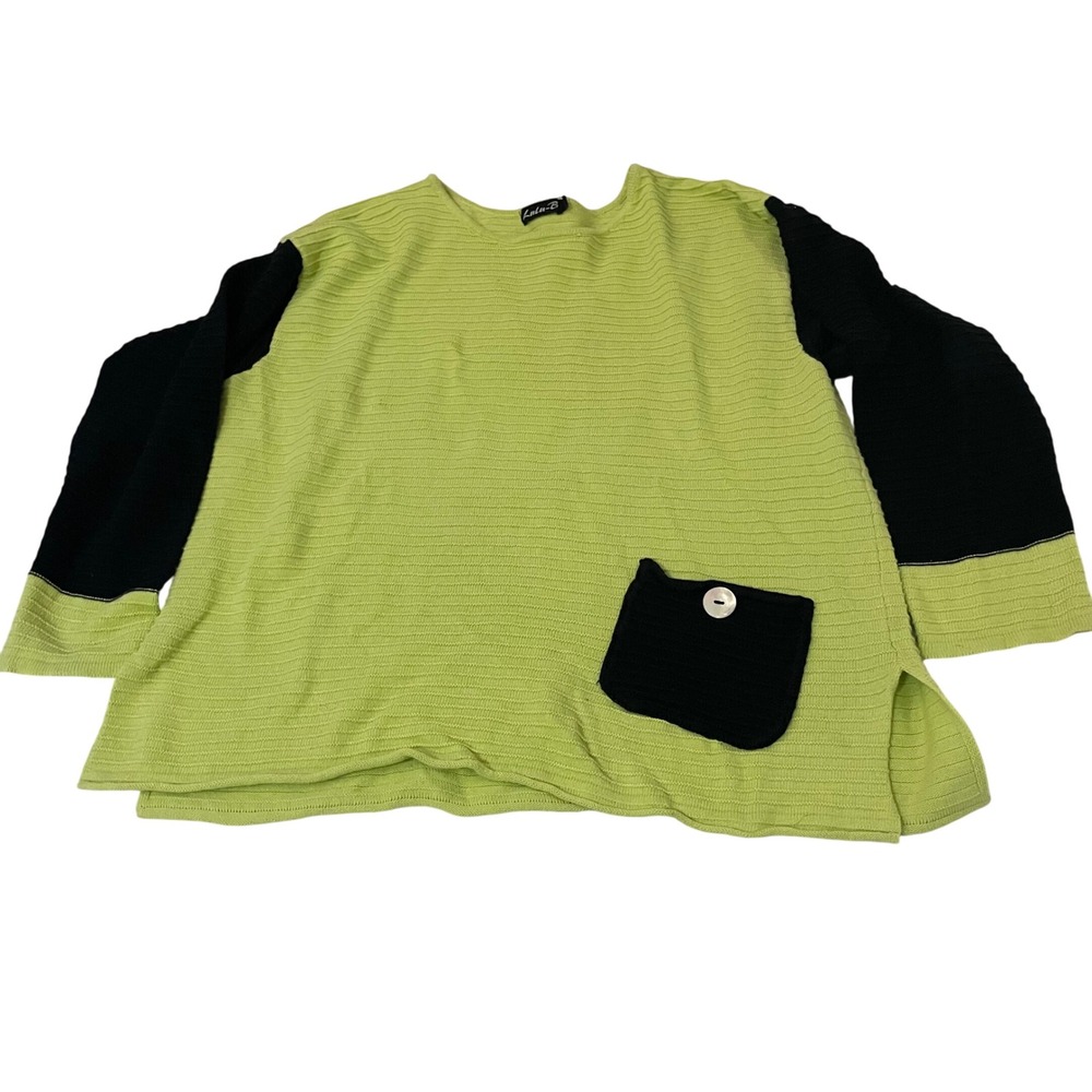 Lulu-B Womens XL Chartreuse Green Black Colorblock Ribbed Knit Top Button Pocket